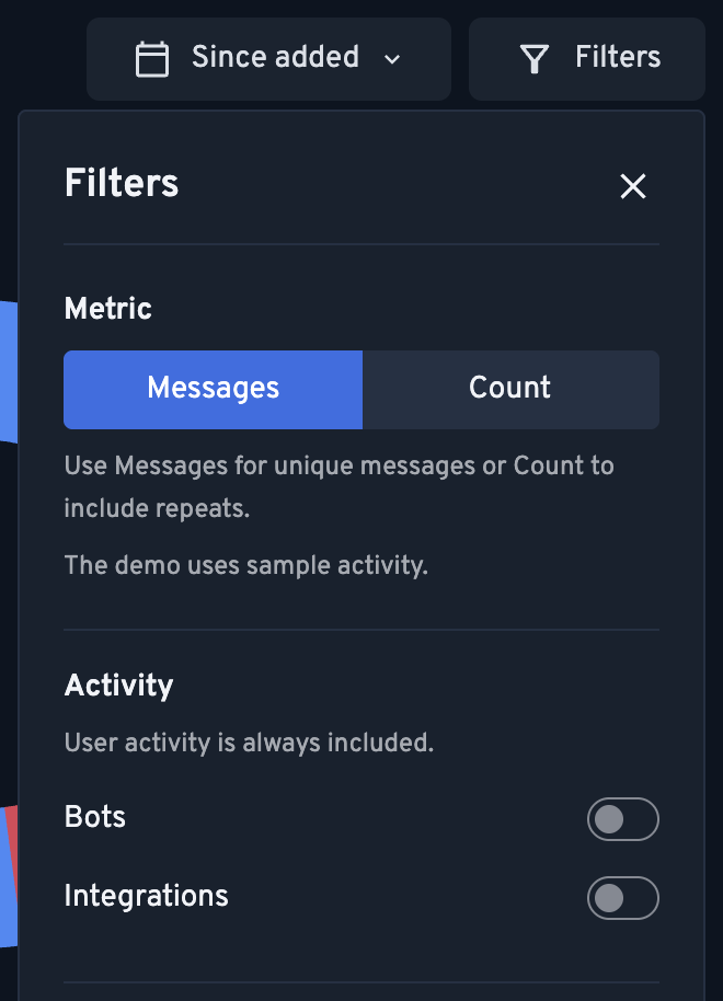 Filters menu showing the metric and activity source options